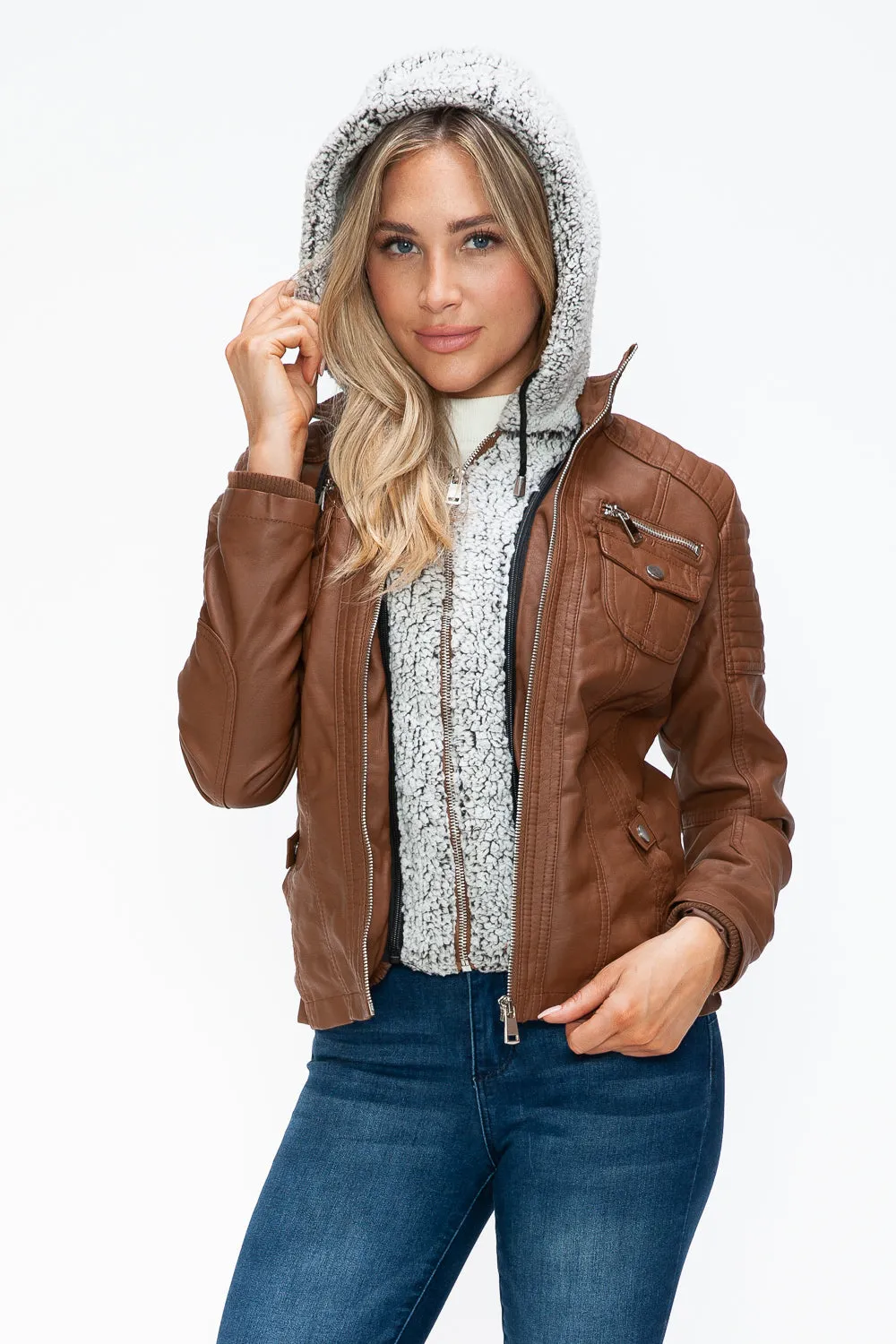 YMI Faux Leather Jacket Women Removable Layered Multi-Pocket Fuzzy Hood